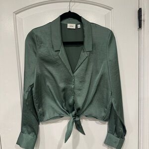Aritzia Wilfred Green Satin Tie-Front Blouse